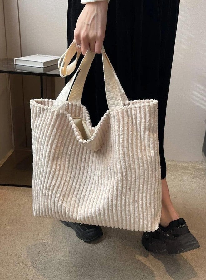 كون حقيبة يد كورية من قماش الكوردروي من Kawn®، حقيبة يد أنيقة للنساء، مزودة بسحاب، حقيبة كتف كبيرة الحجم مع جيوب، متعددة الاستخدامات للاستخدام اليومي في الجامعة والعمل والشاطئ والسفر والتسوق (بيج). - Image 5